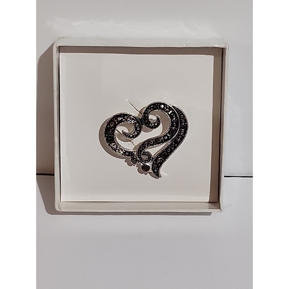 Exquisite Vintage Silver Tone Heart Shaped Broach Pin Swirl Design Marcasite